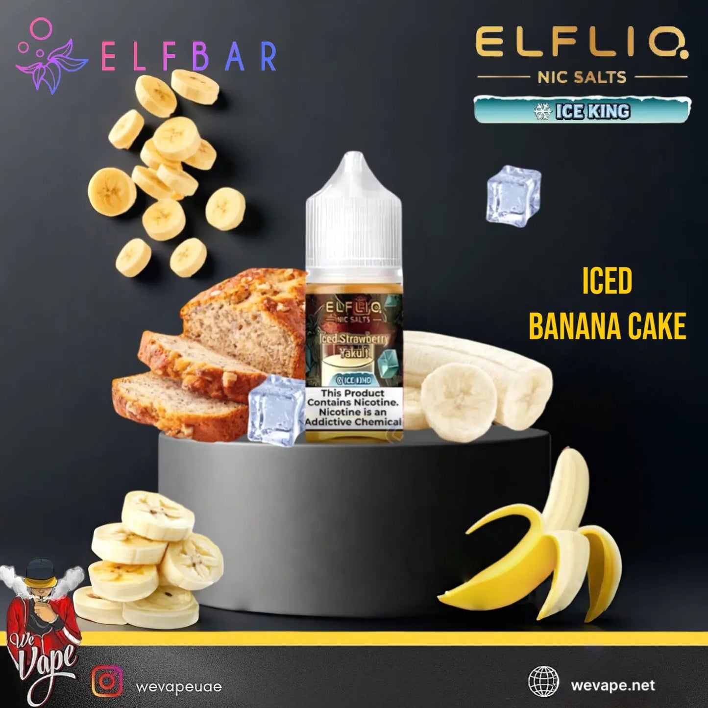 Elf Bar vape juice bottle with banana slices and ice cubes on a dark background. Order now and get Free Delivery