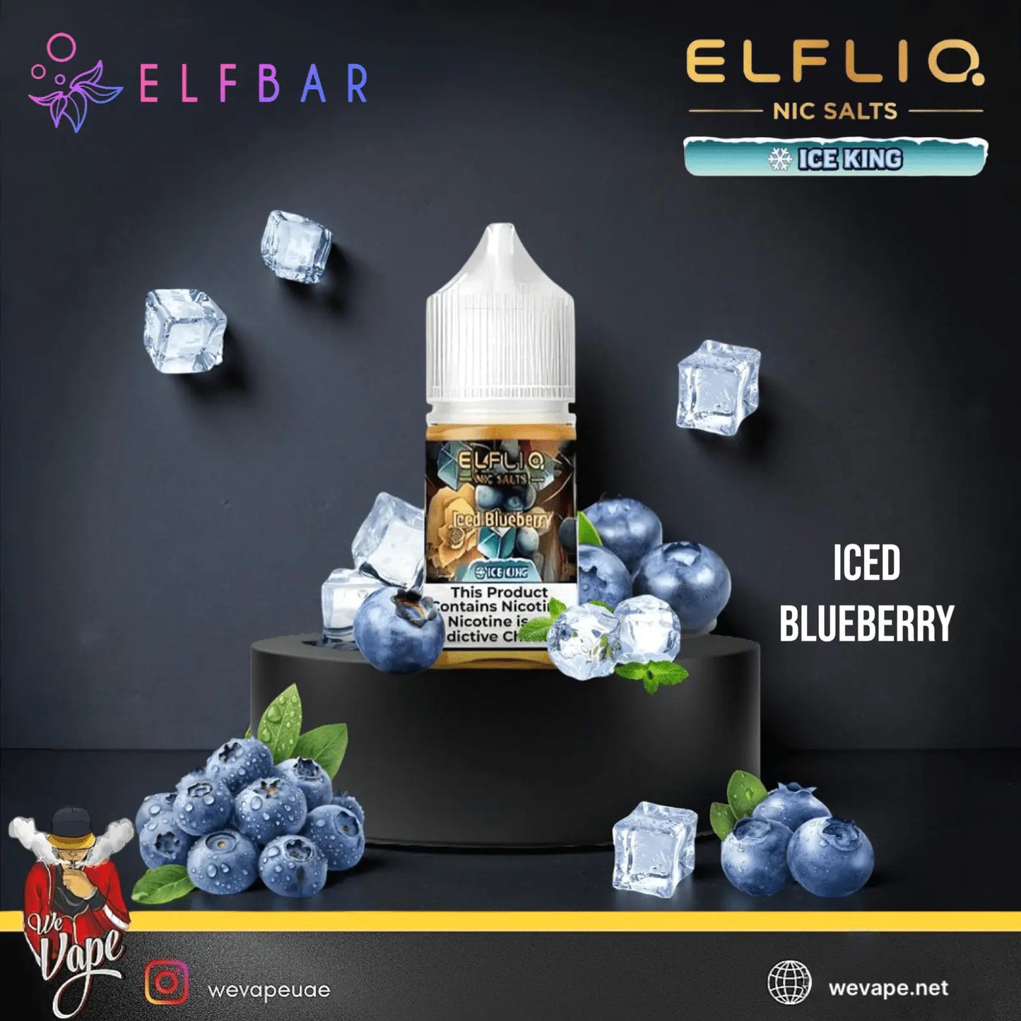 Elf Bar Nic Salts Ice King Iced Blueberry vape juice bottle with blueberries and ice cubes on a dark background.