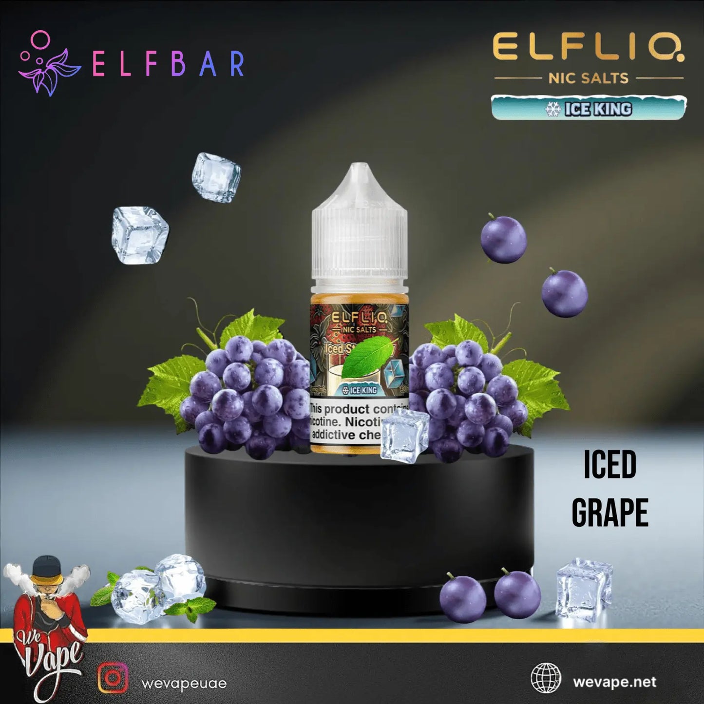 Elf Bar and Elfliq vape juice bottle with grapes and ice cubes on a dark background