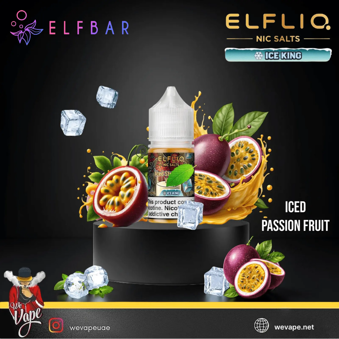 Elf Bar vape juice bottle with ice cubes and passion fruit on a dark background