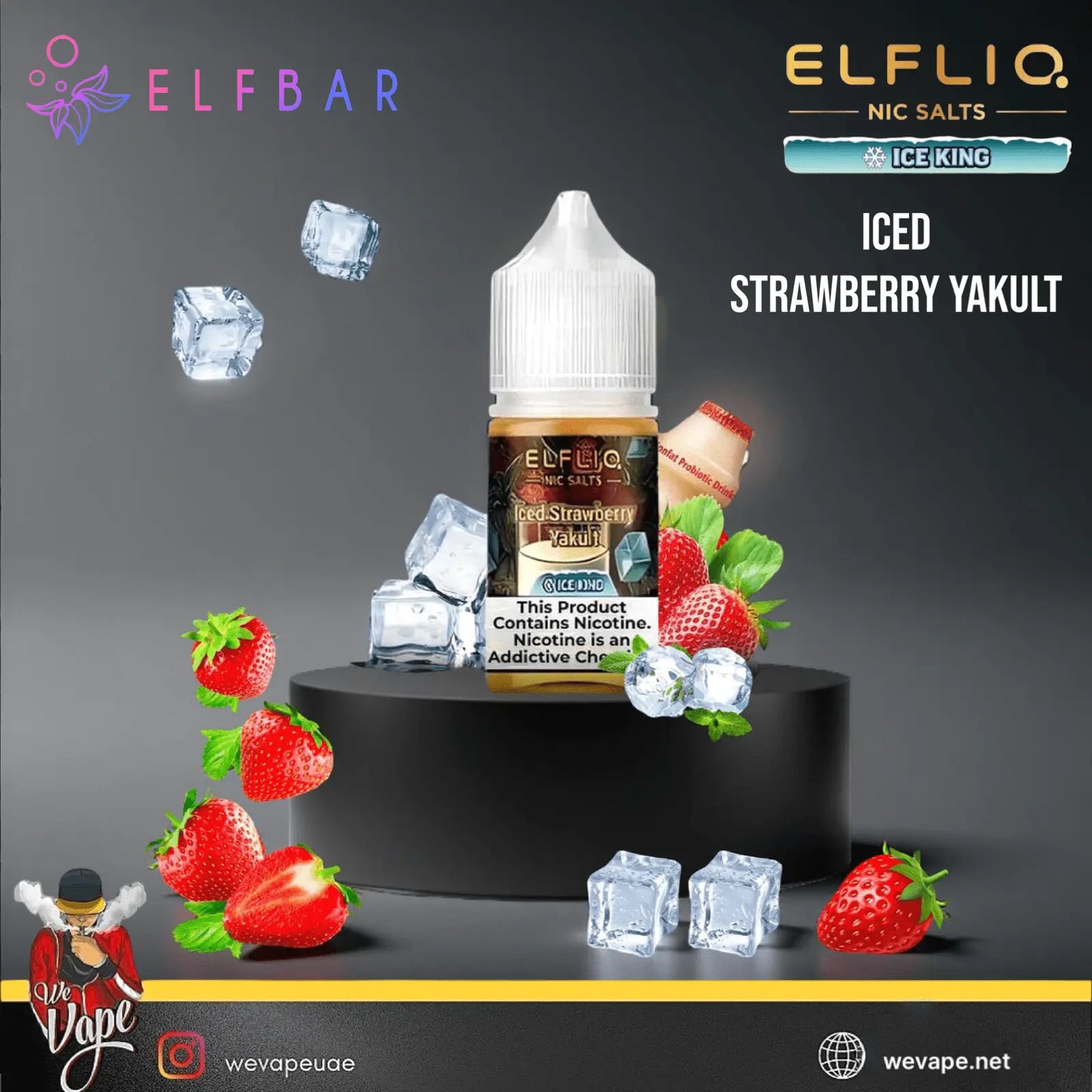 Elfliq ICED Strawberry Yakult vape juice bottle with ice cubes and strawberries on a dark background