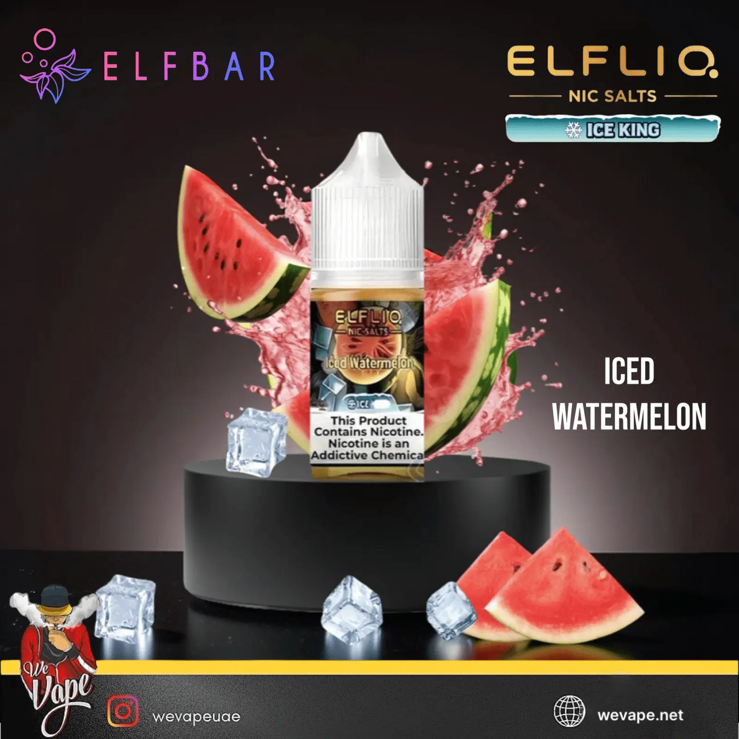 Elfliq ICED WATERMELON vape juice bottle with watermelon slices and ice cubes on a dark background.