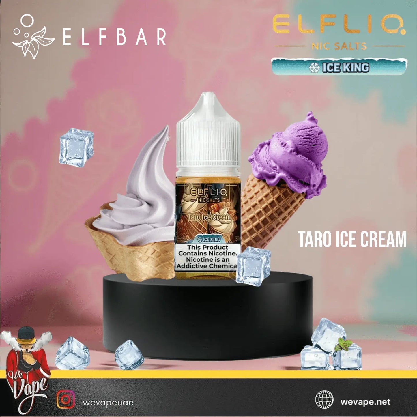 Elfliq Taro Ice Cream vape juice bottle with ice cream and ice cube graphics on a colorful background.