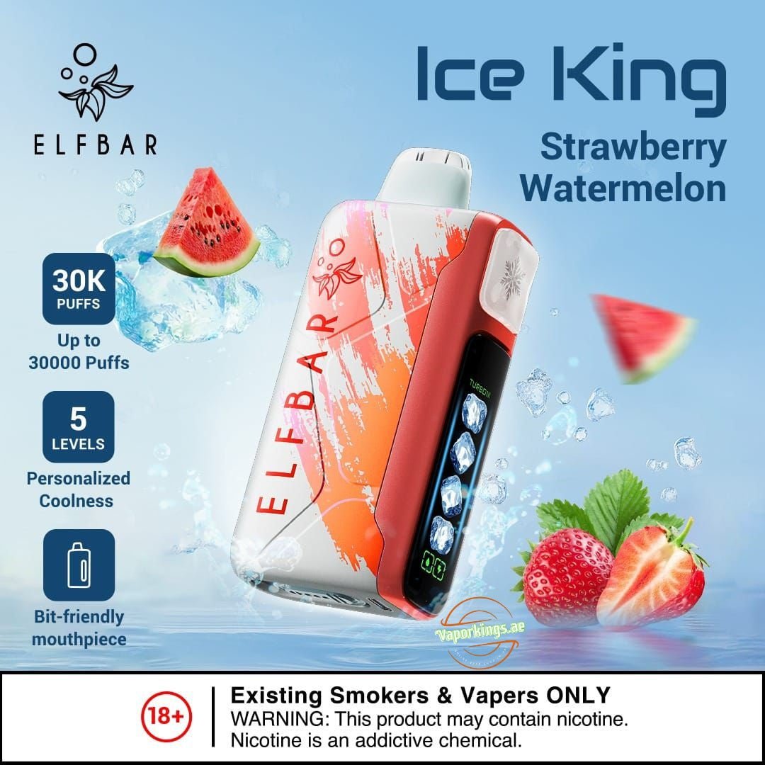 Elf Bar - Ice king Disposable Pod 30000 Puffs side view showing smart screen with falling watermelon sliced/ order with us and get free delivery within the city. / wevape.net