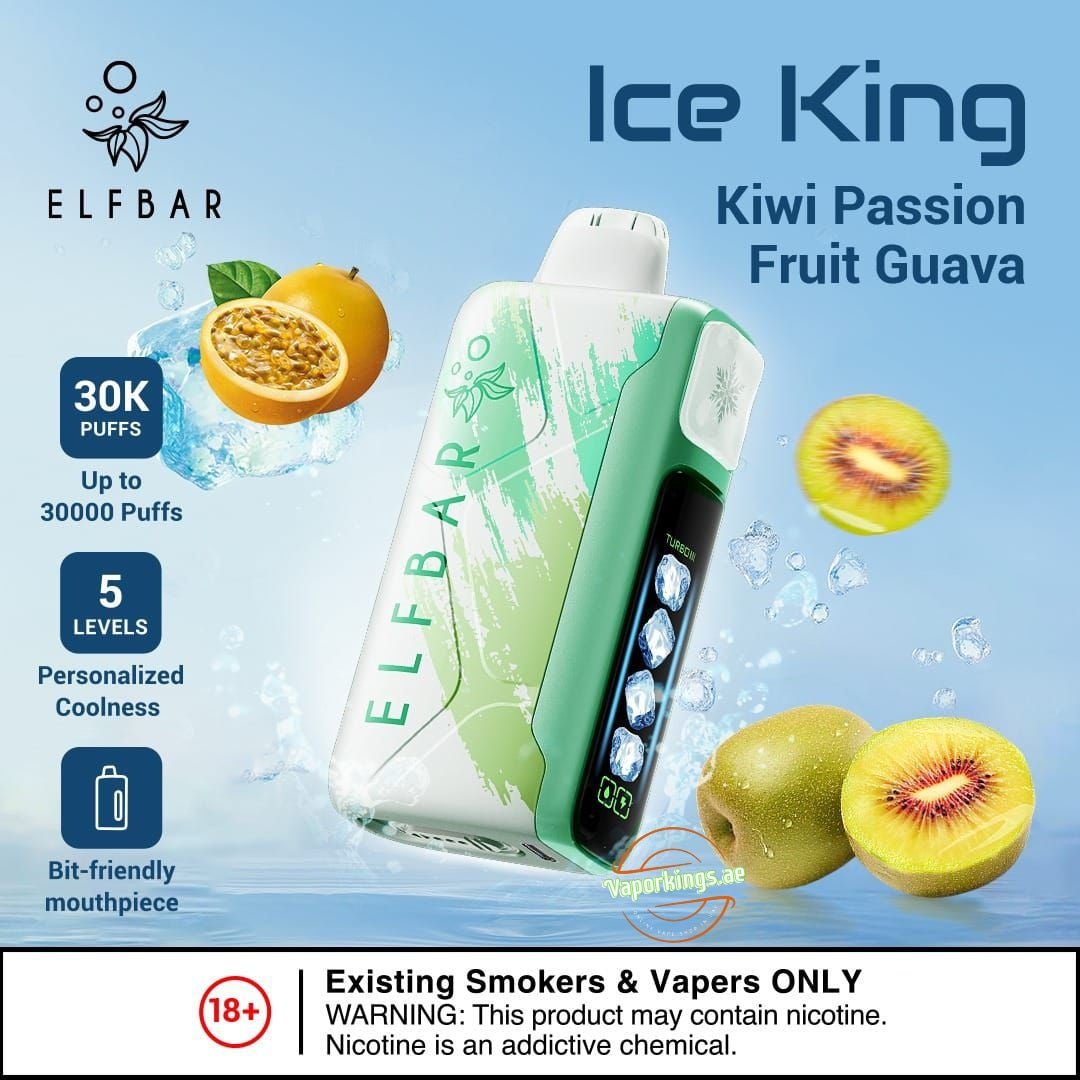 elf bar ice king with side view showing with smart screen display in blue background