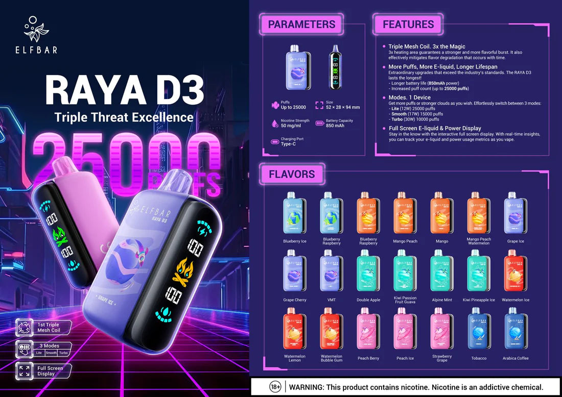 elf bar raya d3 Vape device with digital display and colorful packaging on a dark background, featuring Elf Bar Raya D3 product details.