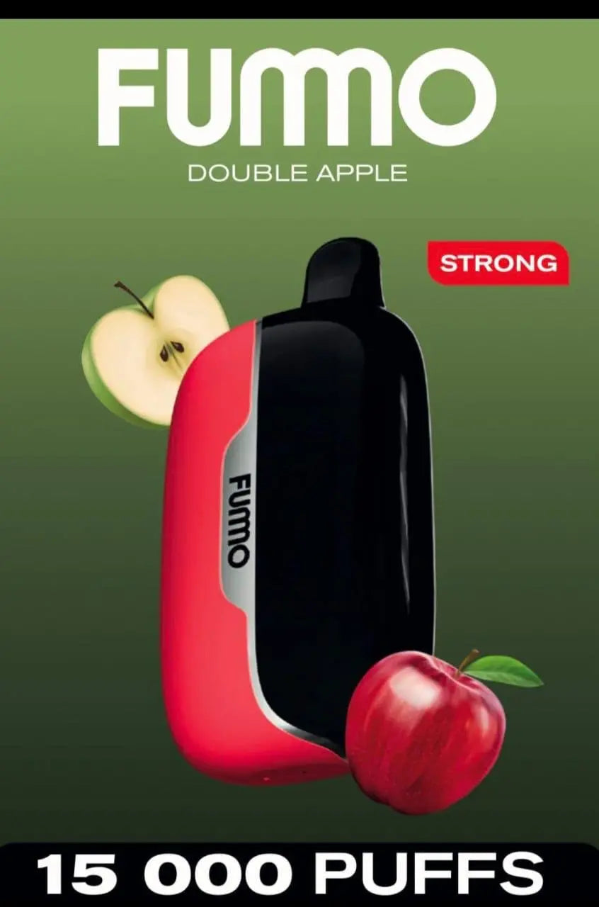 FUMO Double Apple vape device with apples on a green background
