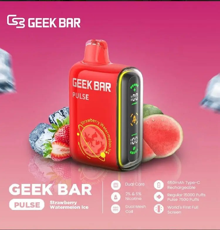 GEEK Bar - Pulse 15000 Puffs Disposable Vape - strawberry watermelon ice-in red background-We Vape, order with us and avail free delivery.wevape.net