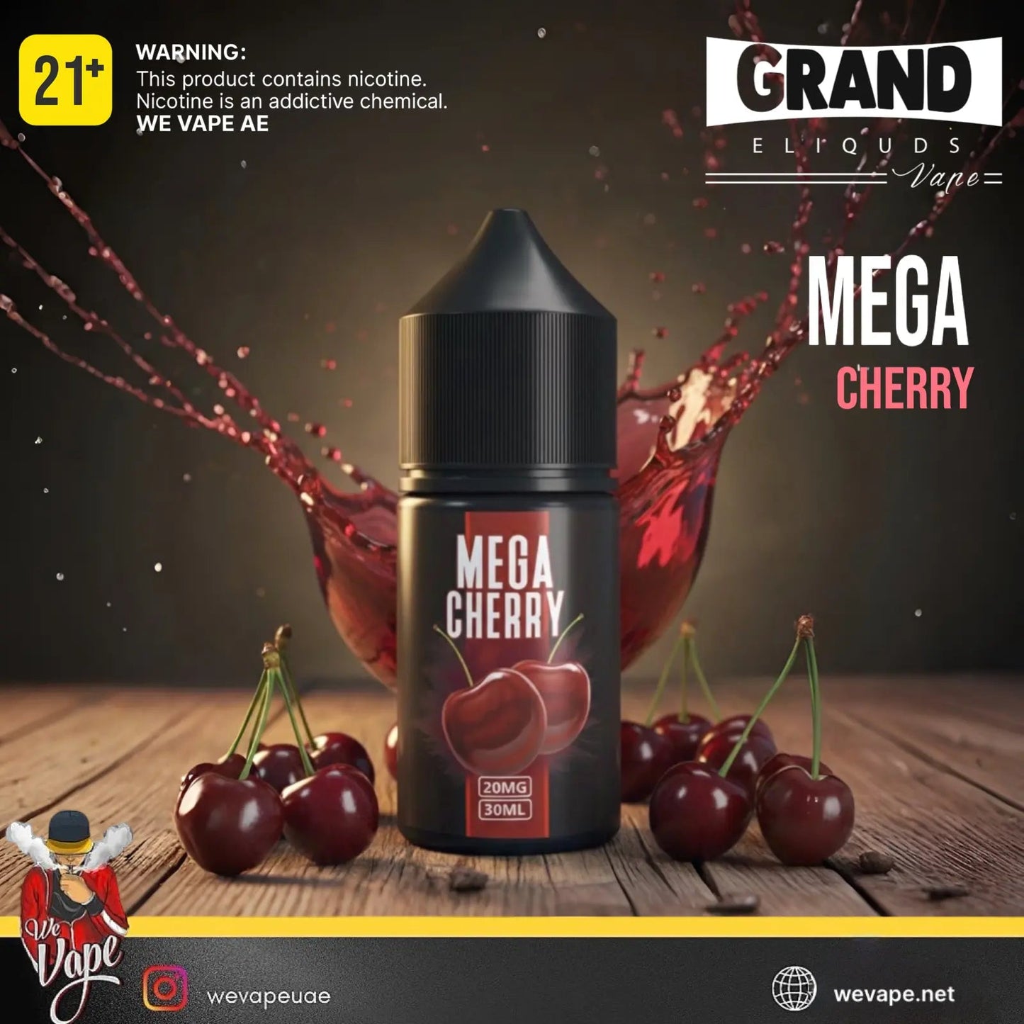 Mega Cherry vape liquid bottle with cherries and a splash on a wooden surface, featuring Grand E-Liquids branding. Order Now and get FREE DELIVERY