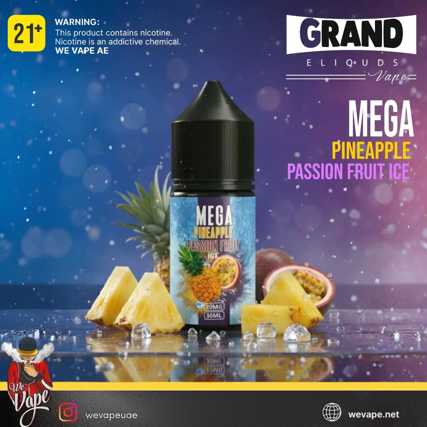 Vape juice bottle labeled 'Mega Pineapple Passion Fruit Ice' with pineapple and passion fruit graphics on a gradient background. Order Now and get FREE DELIVERY.