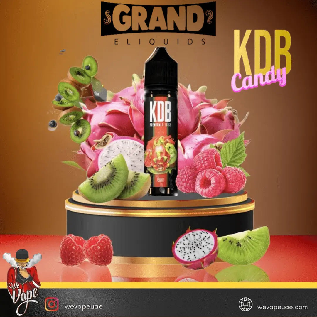 grand e-liquid KDB Candy flavor in 60ml bottle with fruity background