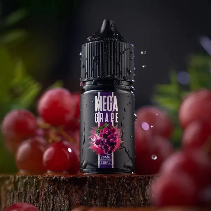 grand e-liquid mega grape saltnic in 30ml bottle with grape background