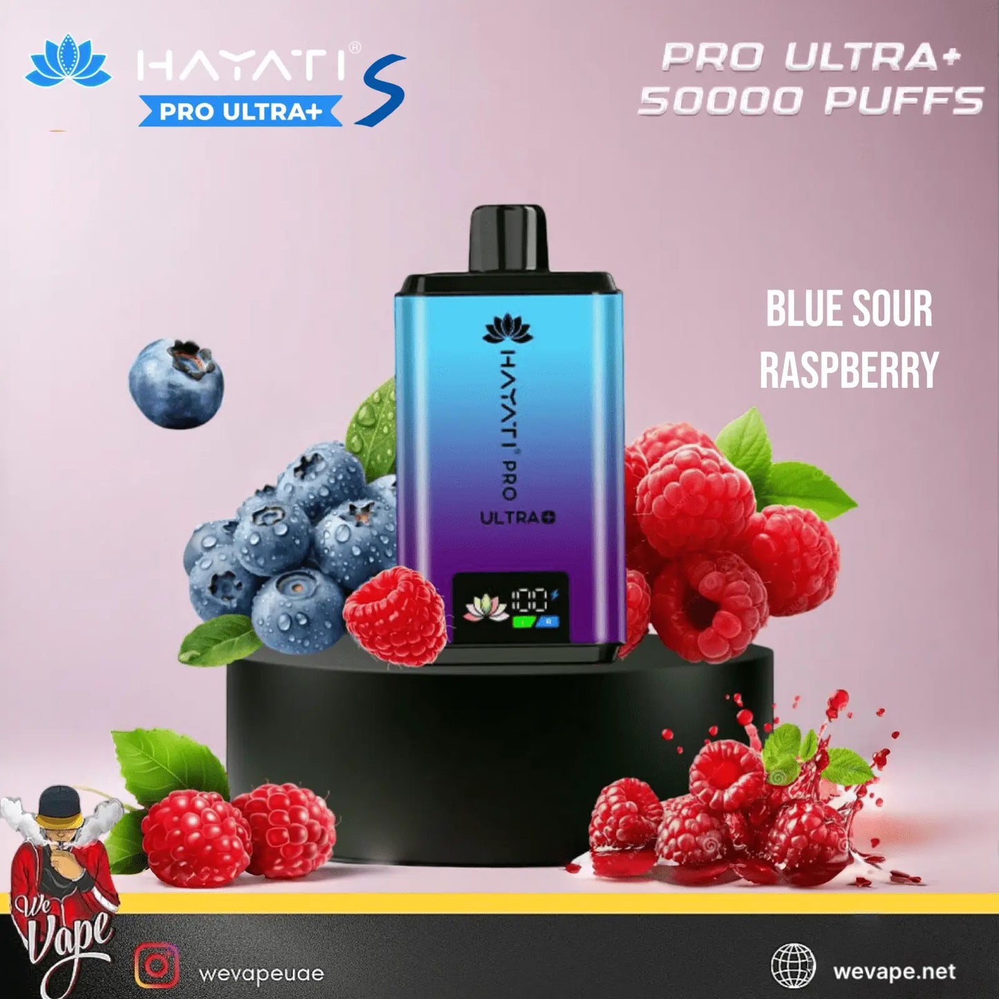 Hayati Pro Ultra+ vape device with blue sour raspberry flavor on a pink background