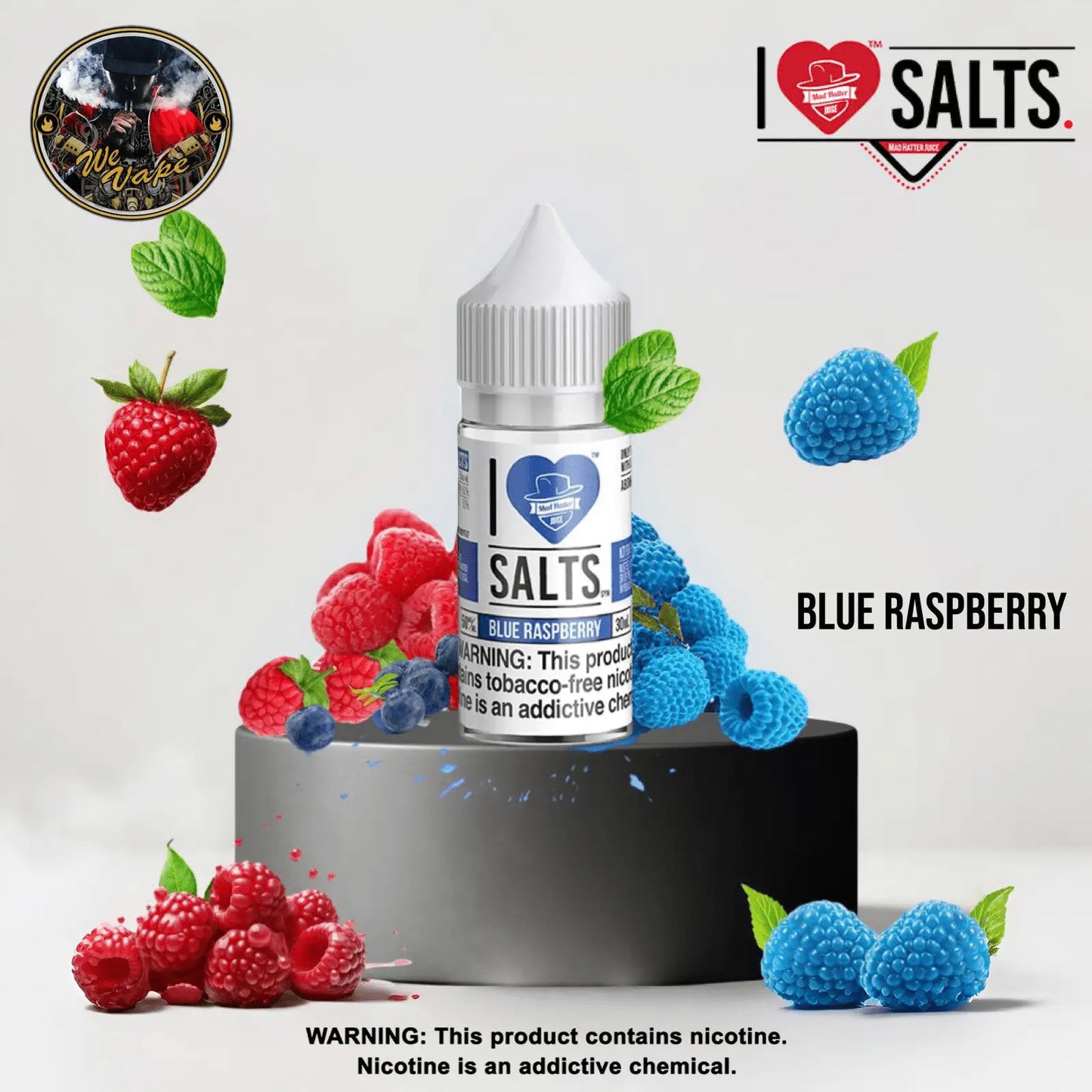 Blue raspberry-flavored vape juice bottle with berries on a white background, featuring the brand 'I Love Salts'. Order Now