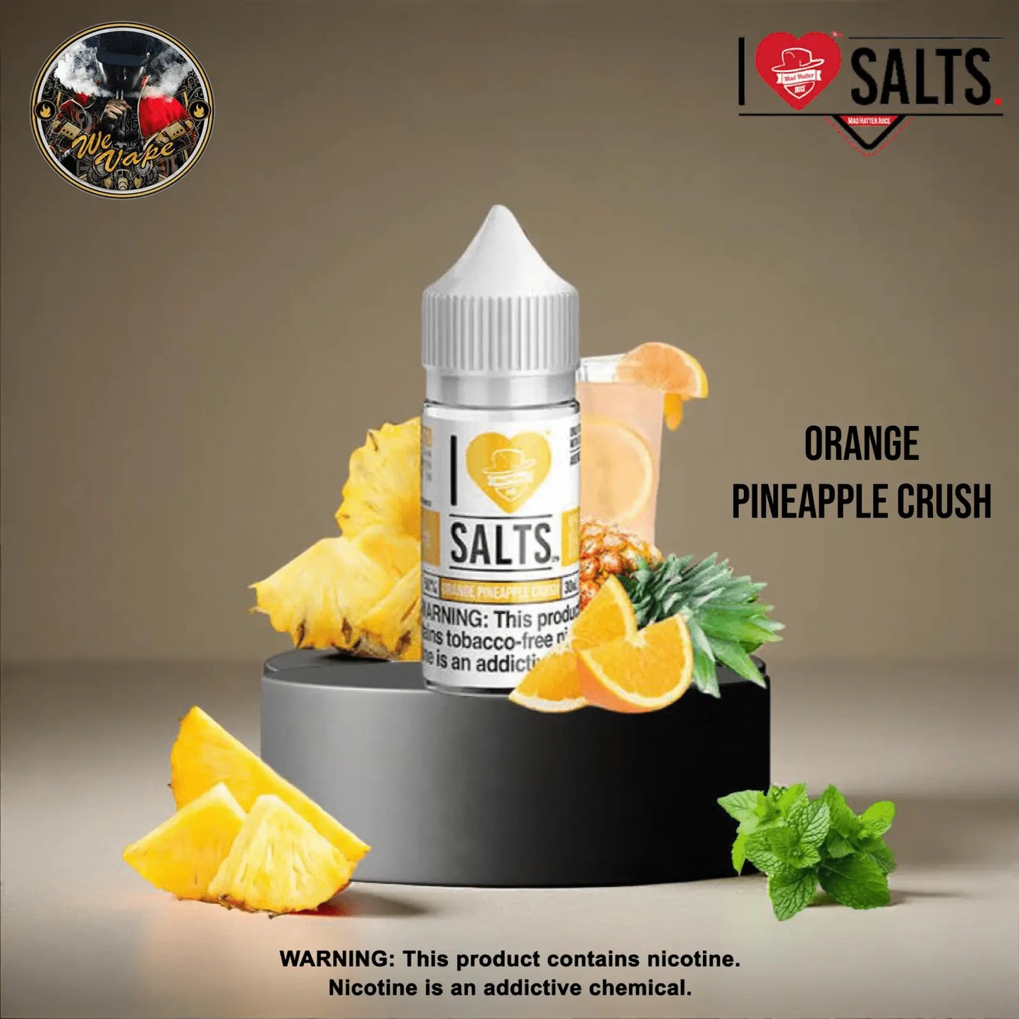 Vape juice bottle with orange pineapple crush flavor on a neutral background