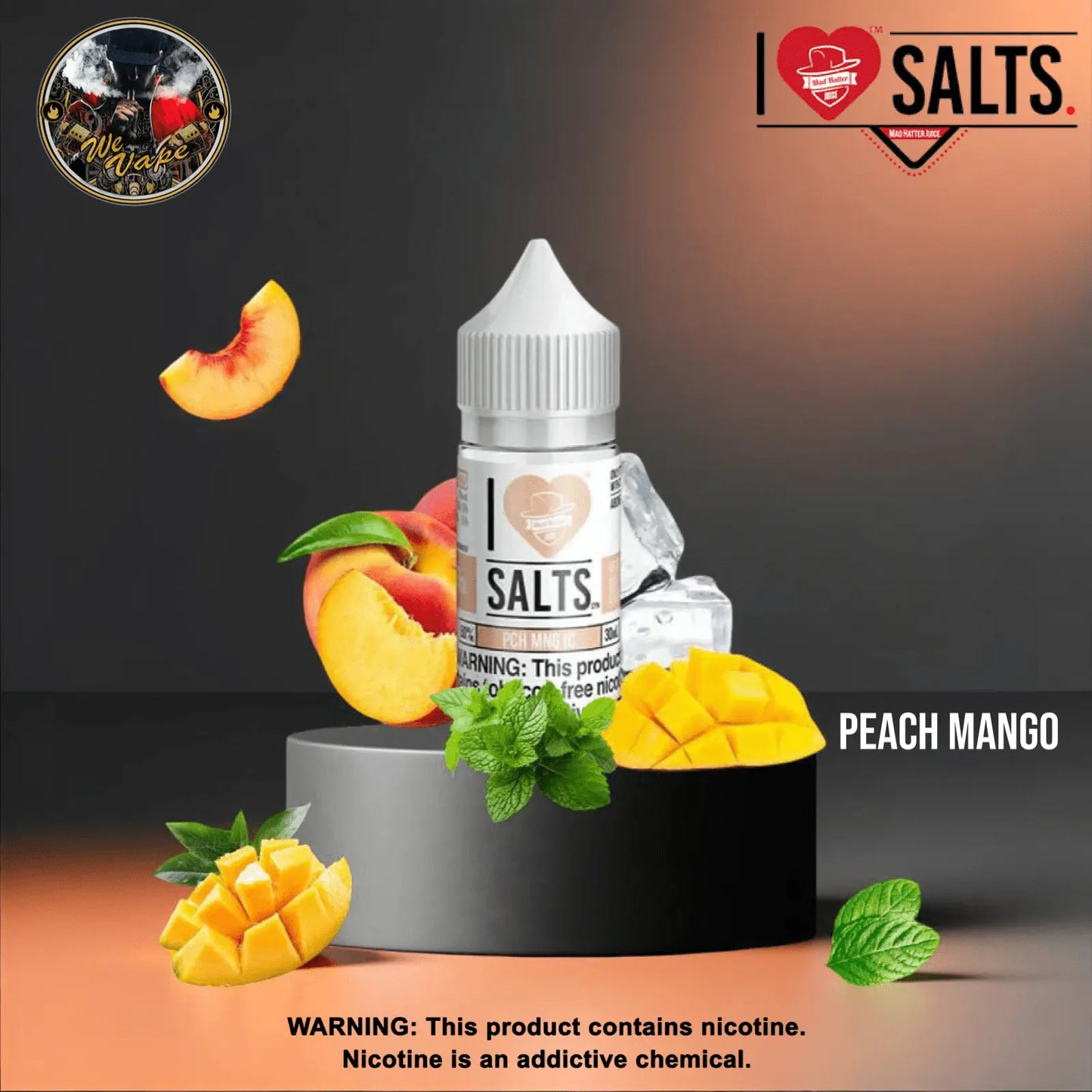 Vape juice bottle with peach and mango elements on a dark background, featuring 'I Love Salts' branding.