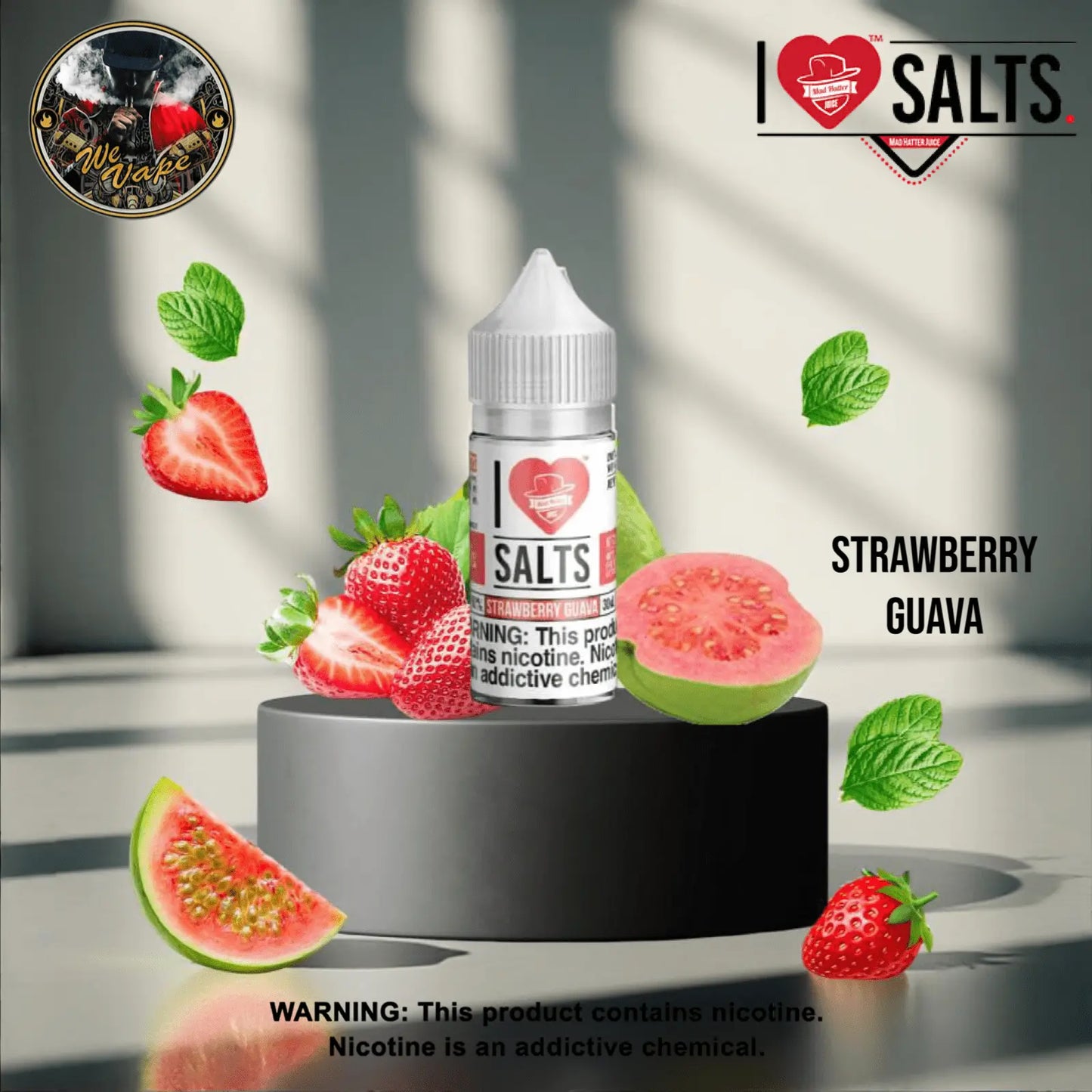 I Love Salts Strawberry Guava e-liquid bottle with fruit graphics on a neutral background. Order Now