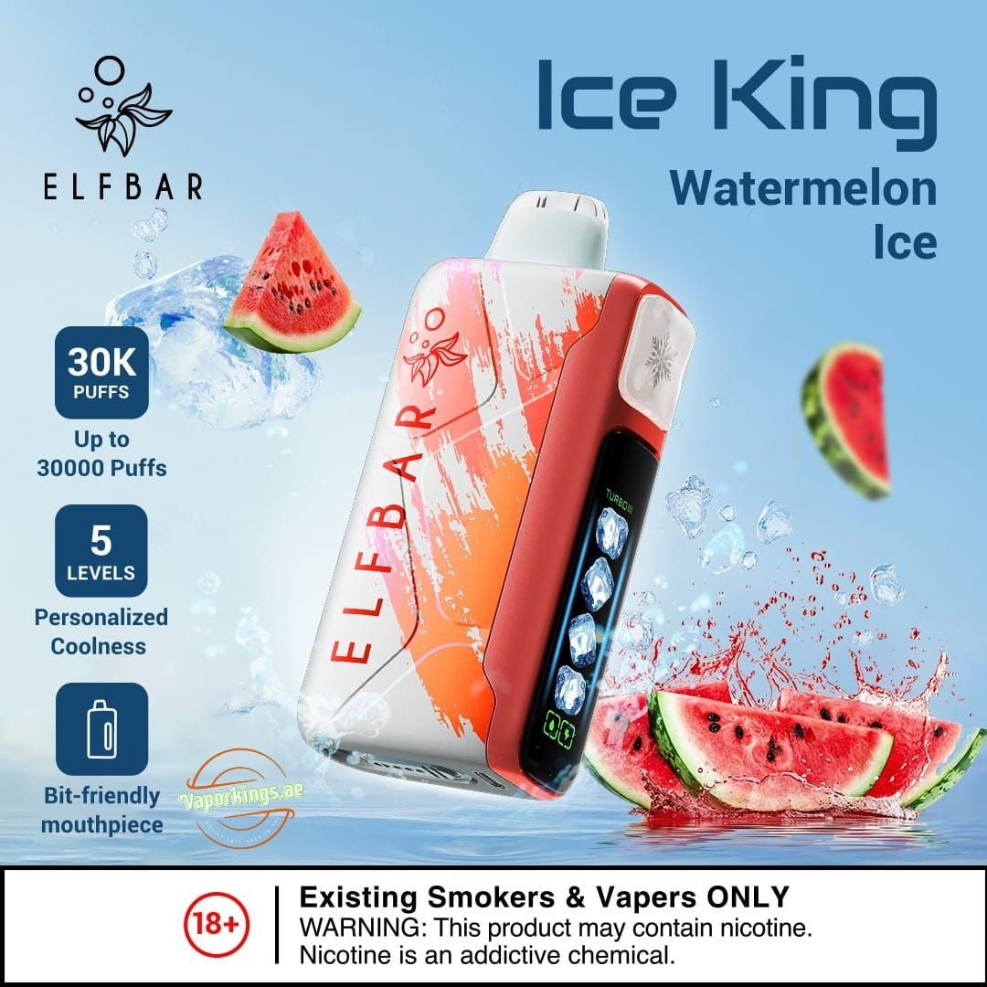 Elf Bar - Ice king Disposable Pod 30000 Puffs, watermelon ice flavor with falling device display and watermelon sliced