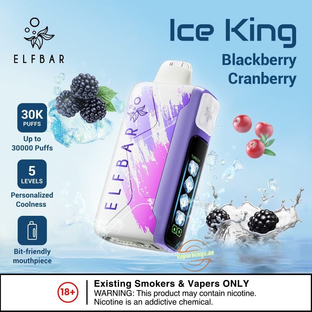 Elf Bar - Ice king Disposable Pod 30000 Puffs in side view with falling fruits, blackberry cranberry flavor