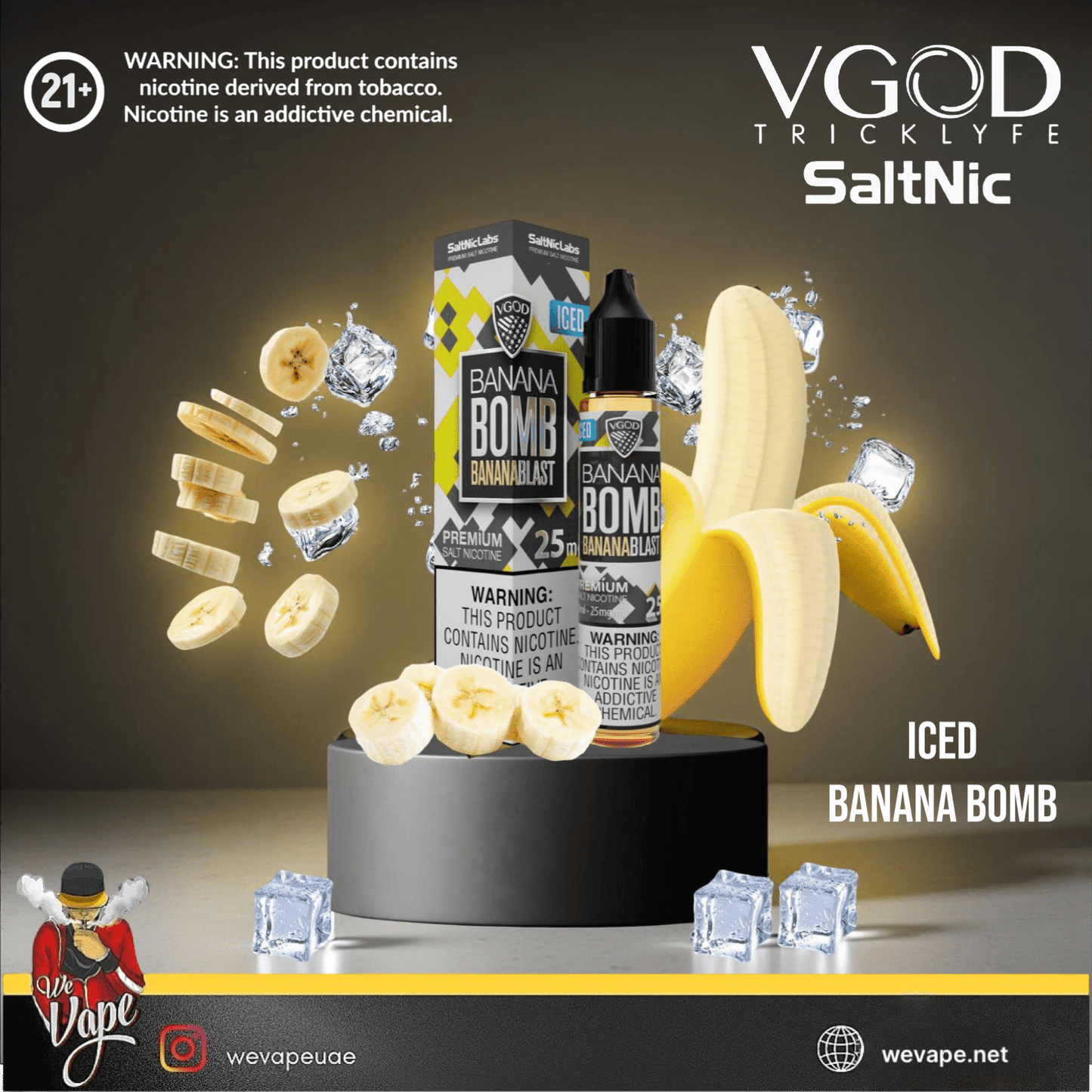 Iced Banana Bomb by VGOD Salt Nic with packaging in dark background / order now and avail free delivery