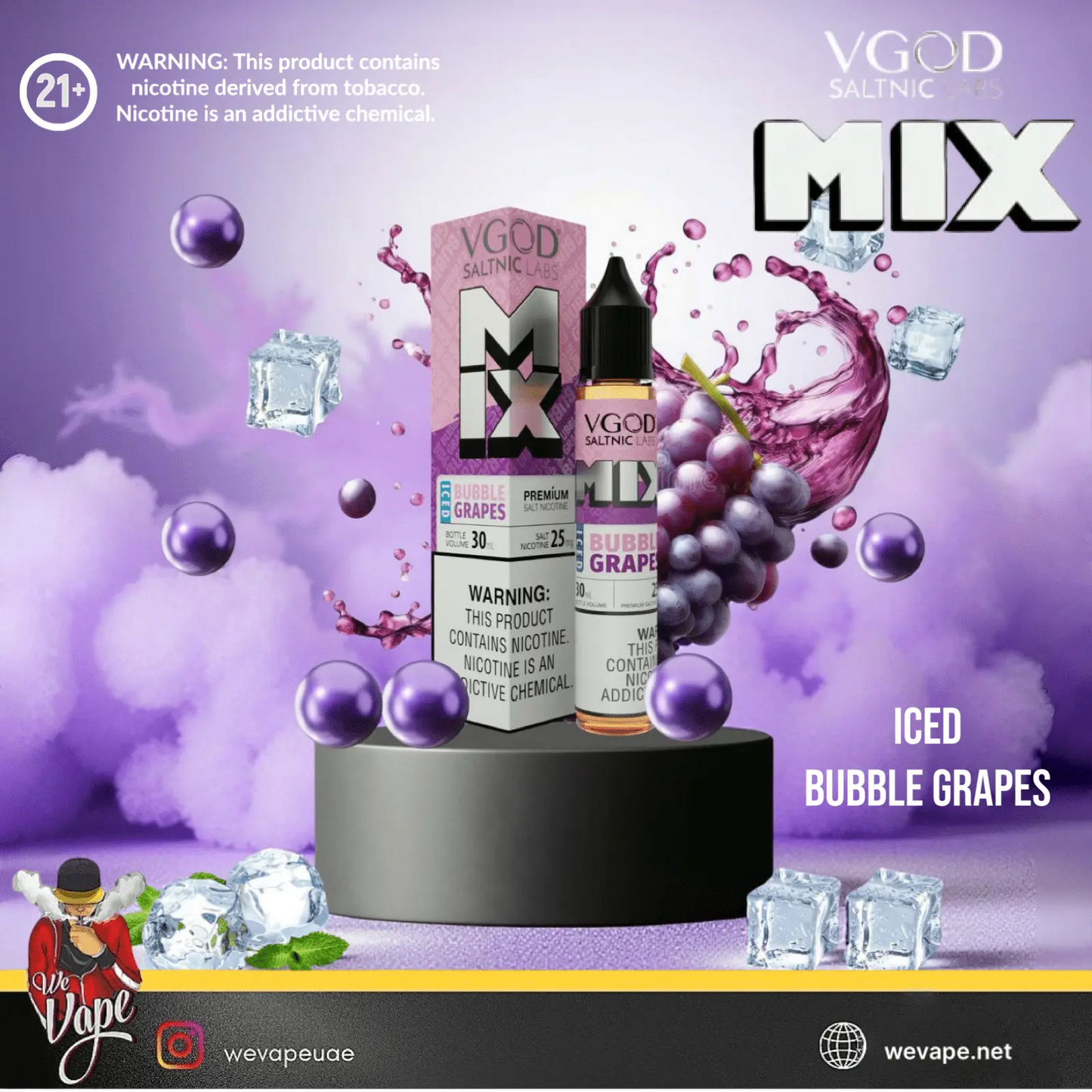 iced bubble grape with packaging in purple background with cloudy smoke style