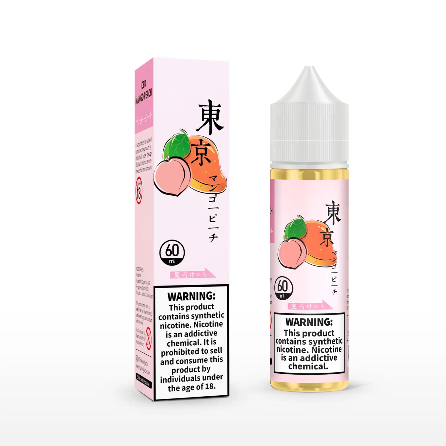 Iced Mango Peach by TOKYO E-Liquid with packaging in white background