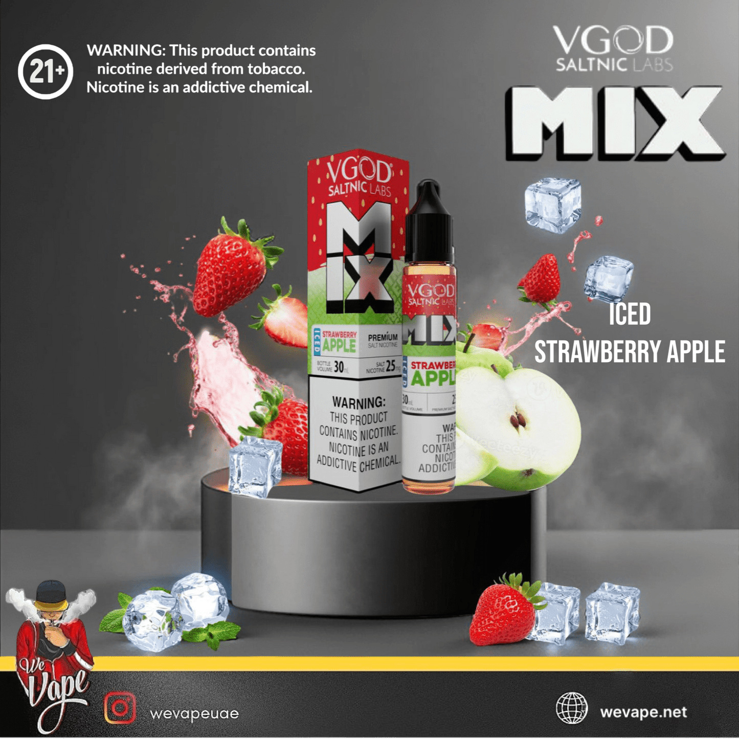 Iced Strawberry Apple by VGOD MIX SaltNic with packaging and grey background