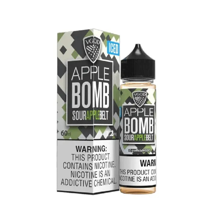 Iced Apple Bomb by vgod e-liquid packaging with warning label on a white background