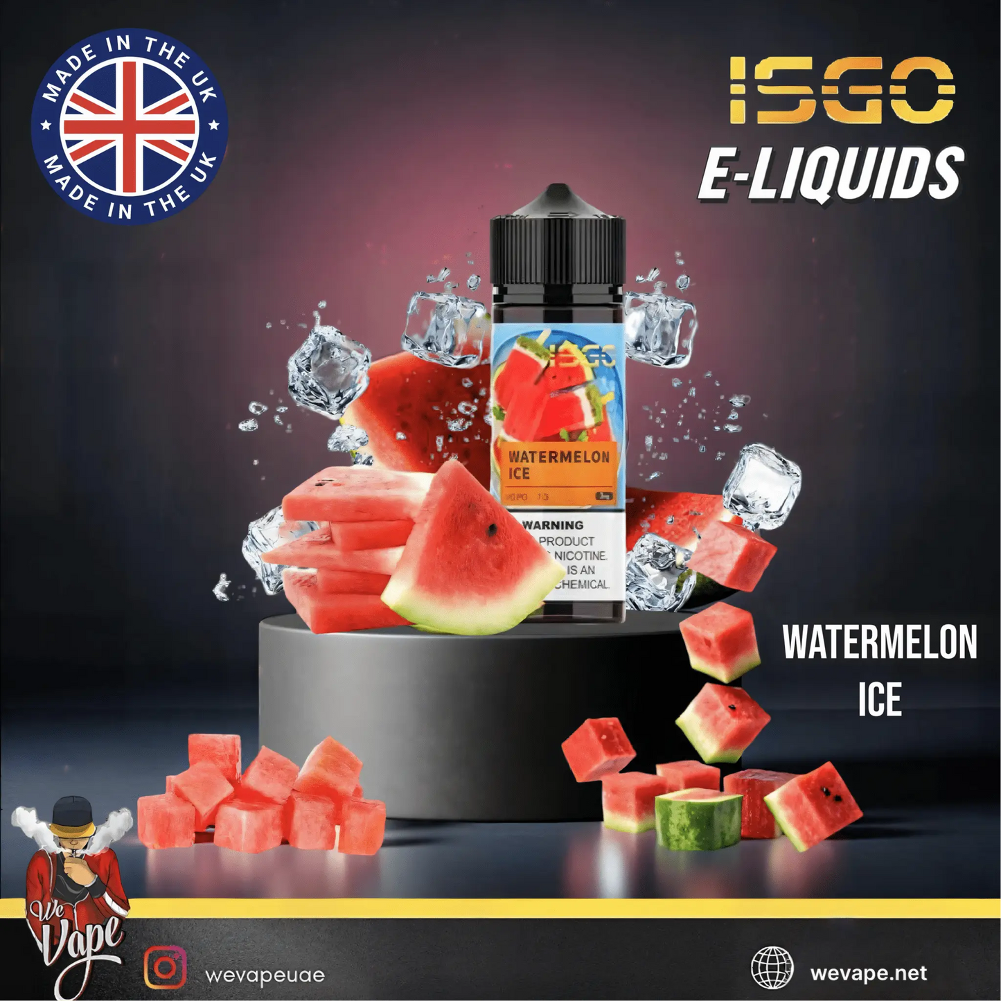 ISGO E-Liquids Watermelon Ice flavor with watermelon slices and ice cubes on a dark background.