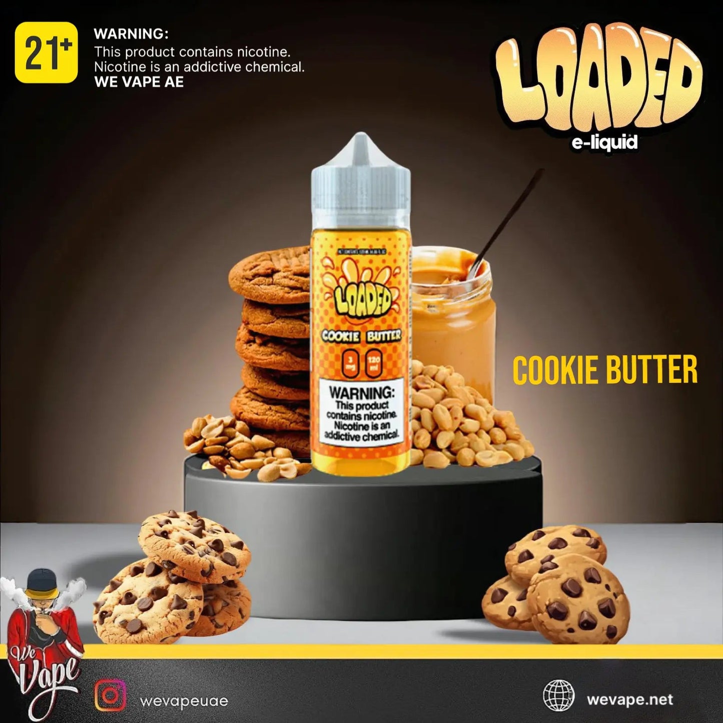 Loaded Cookie Butter e-liquid bottle with cookies and nuts on a dark background. Order Now and get FREE DELIVERY.