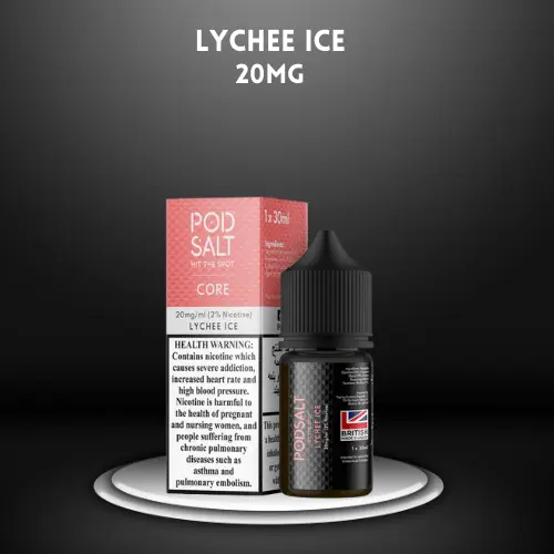 Lychee Ice by PODSALT (Saltnic) with packaging in dark background