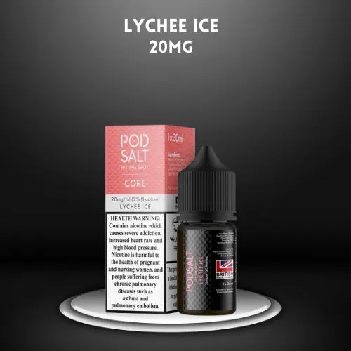Lychee Ice by PODSALT (Saltnic) with packaging in dark background