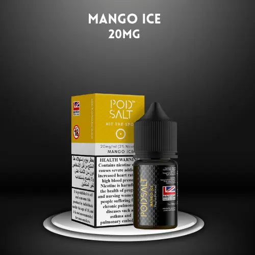 Mango Ice by PODSALT (Saltnic) with packaging in dark background, order now and get free delivery. / wevape.net