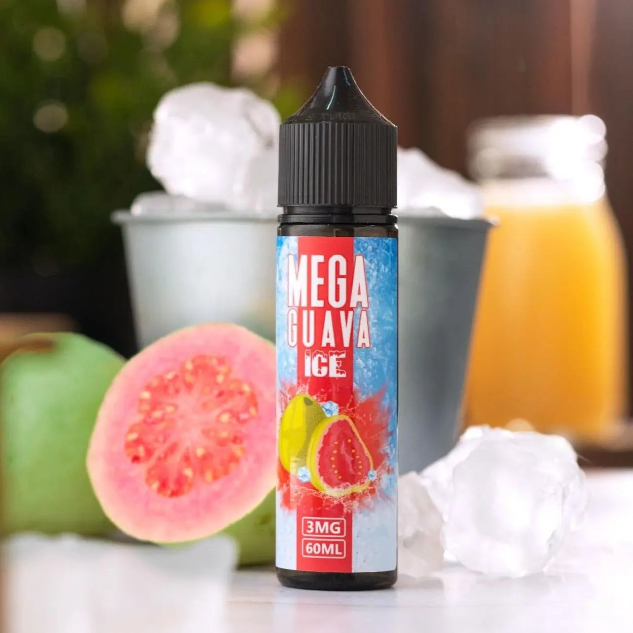 mega guava ice by grand e-liquid with guava fruit background