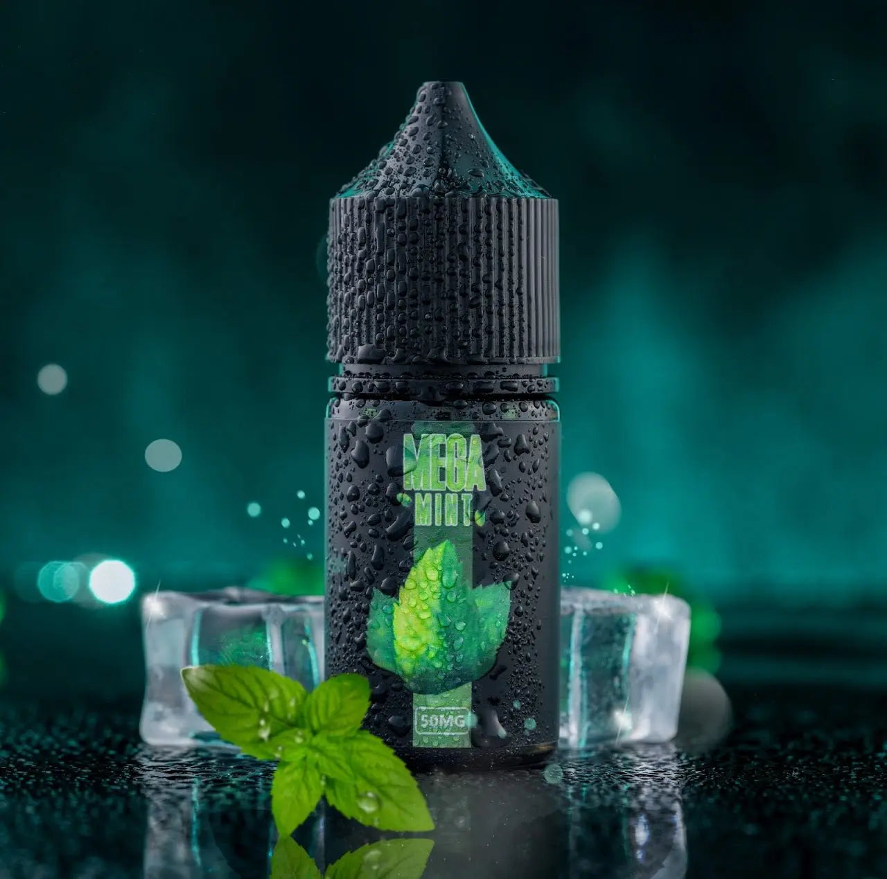 Mega Mint by GRAND E-Liquid in 30ml bottle with ice cubes and mint leaves in
dark background