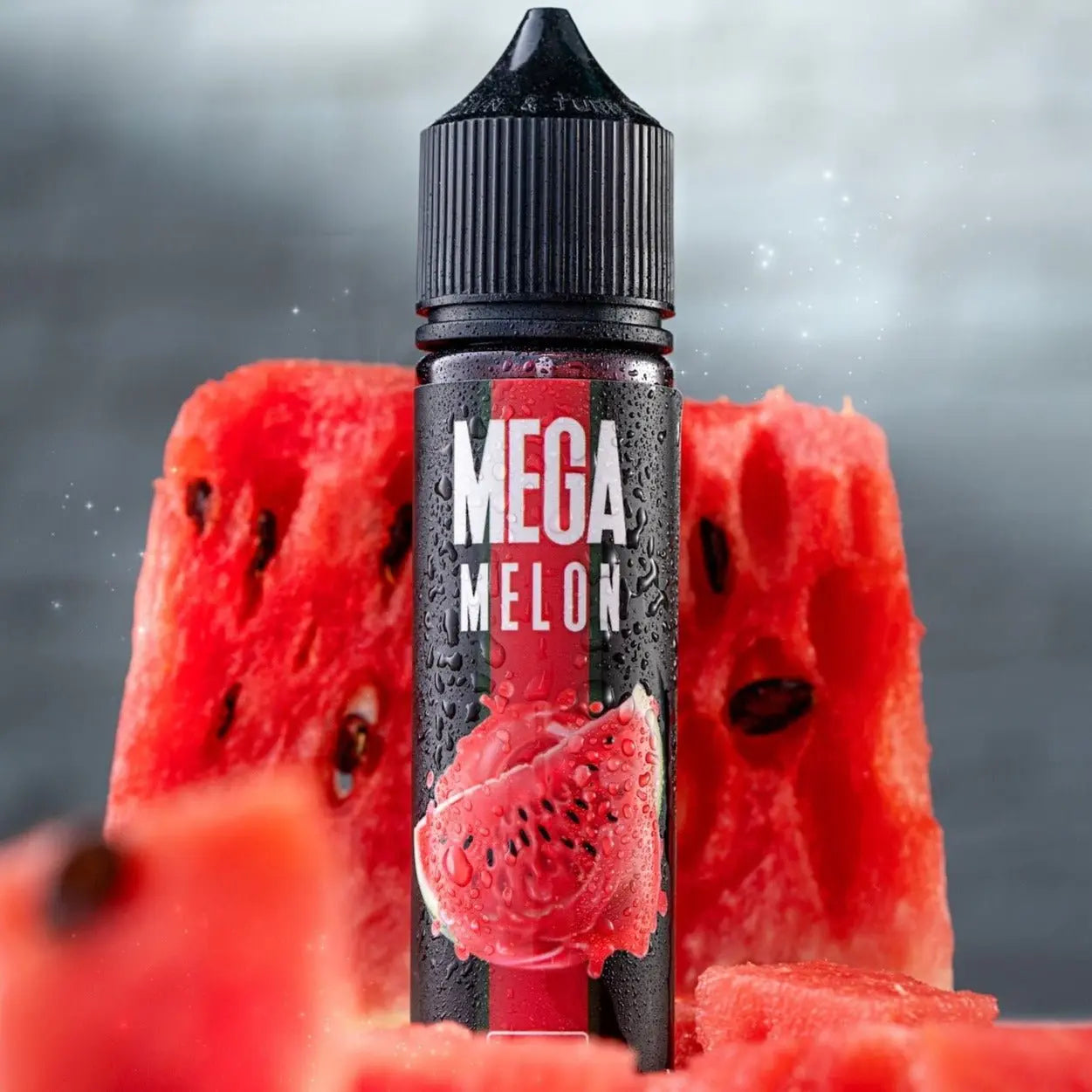 mega melon by grand e-liquid with sliced watermelon background