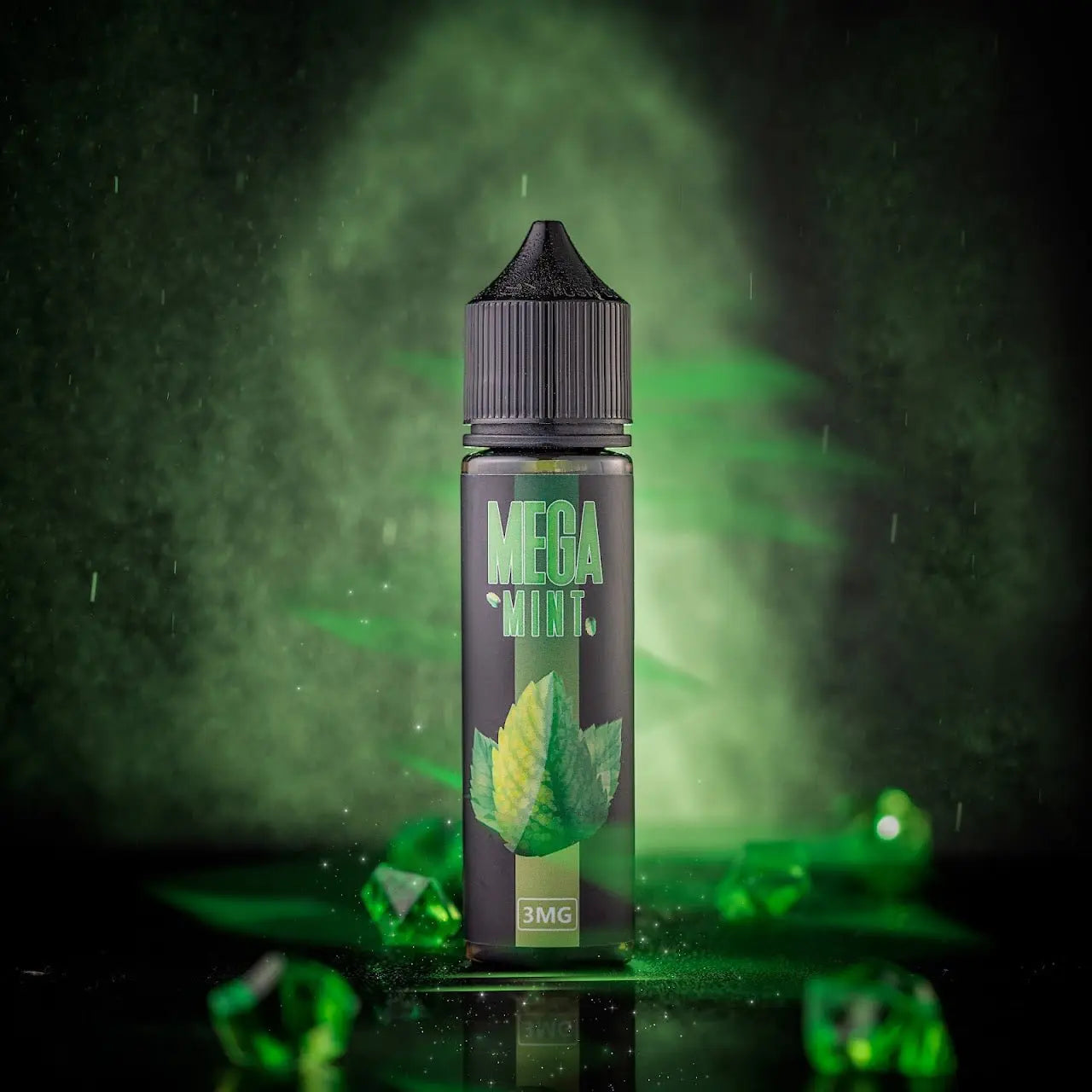 Mega mint by grand e - liquid in 60ml bottle in dark green background