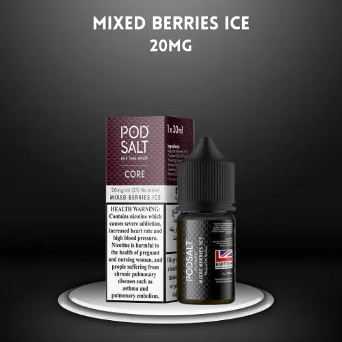 Mixed Berries Ice by PODSALT (Saltnic) with packaging in black background, order now and get free delivery