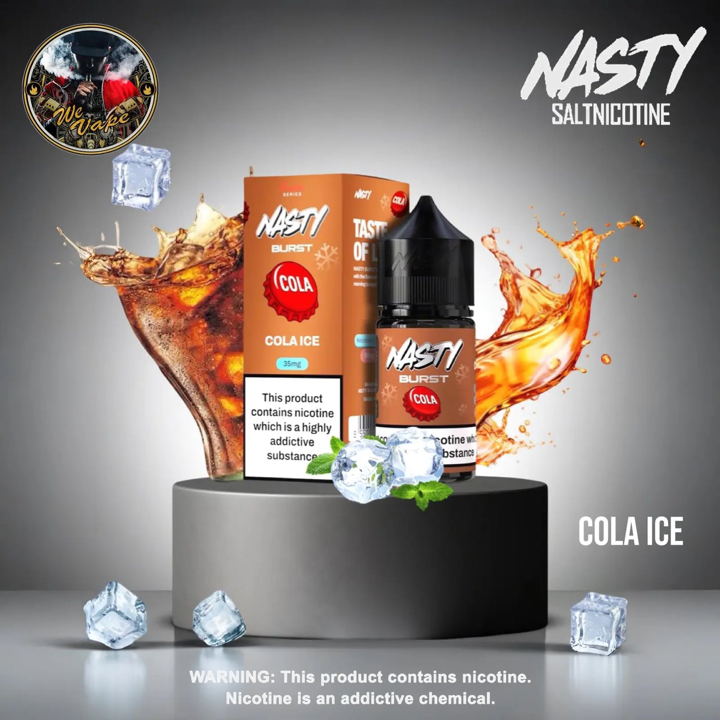 Nasty Cola Ice nicotine product with packaging and ice cubes on a gray background