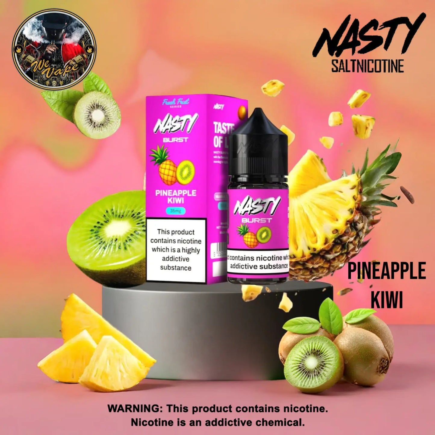 Nasty Salt Nicotine Pineapple Kiwi flavor packaging with fruit graphics on a colorful background.