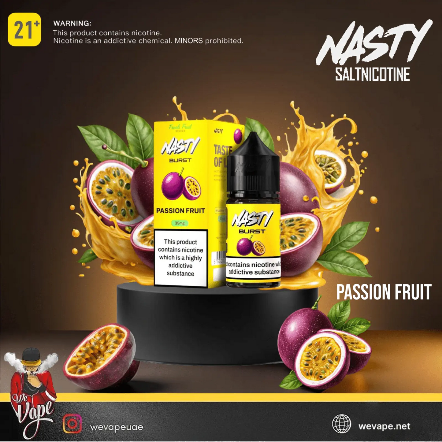 Nasty Salt nicotine Passion Fruit vape product with packaging and fruit illustration on a dark background.