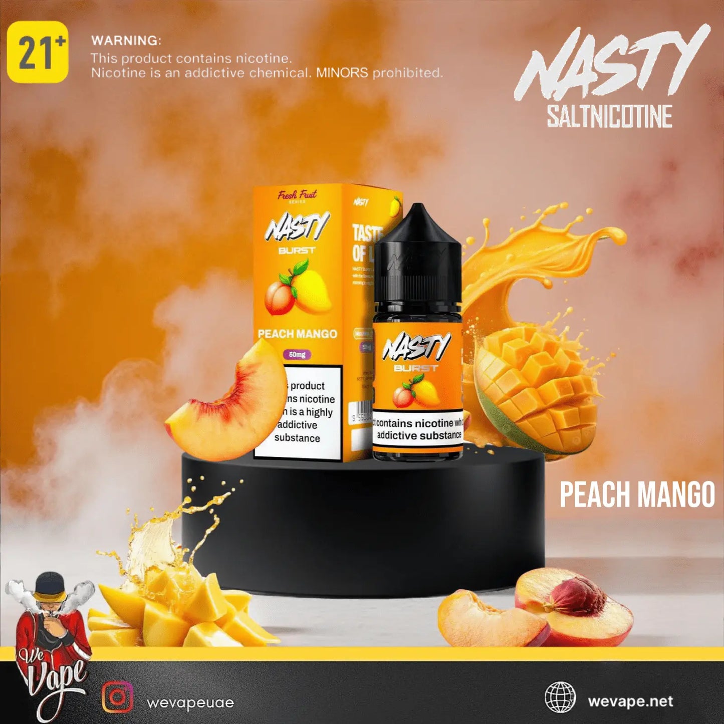 Nasty Salt nicotine Peach Mango vape juice packaging with mango and peach slices on a gradient background.