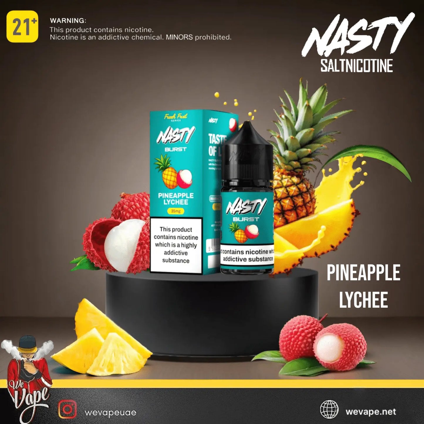 Nasty Salt nicotine Pineapple Lychee vape product with packaging and fruit graphics on a dark background.