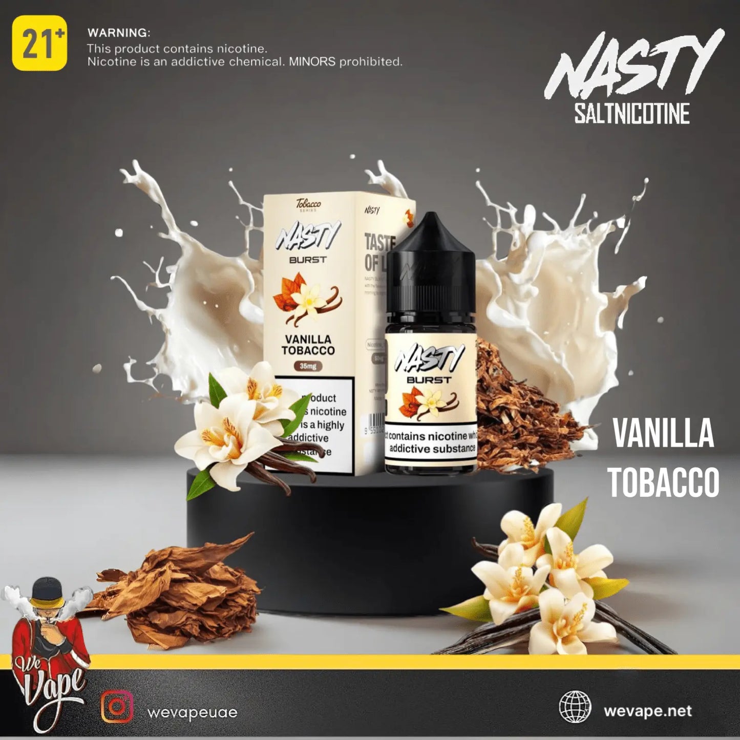 Nasty Salt nicotine Vanilla Tobacco vape product with packaging and flowers on a dark background. ORDER NOW