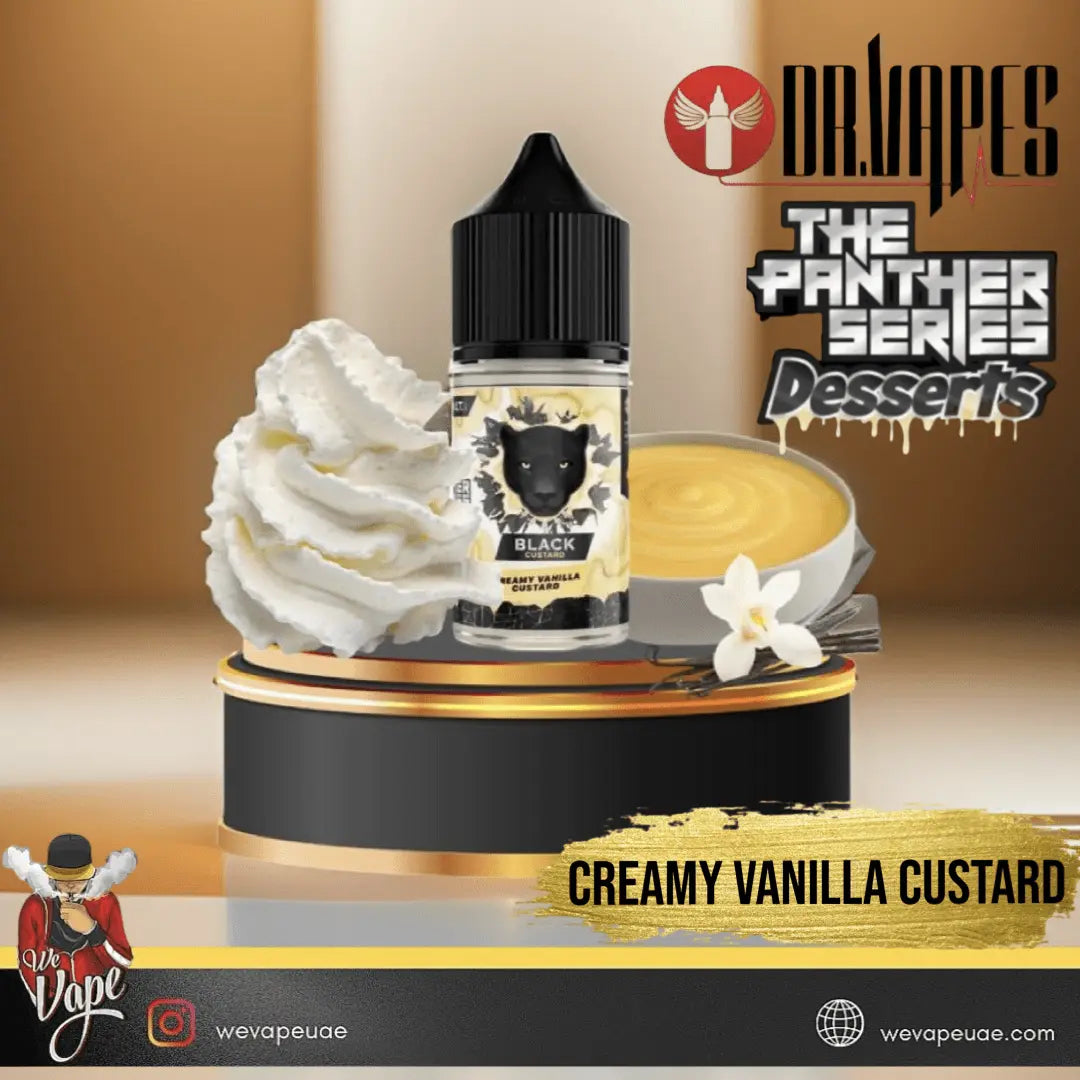 panther series dessert black custard flavor with 30ml bottle with vanilla custard and whip cream display in brown and white background