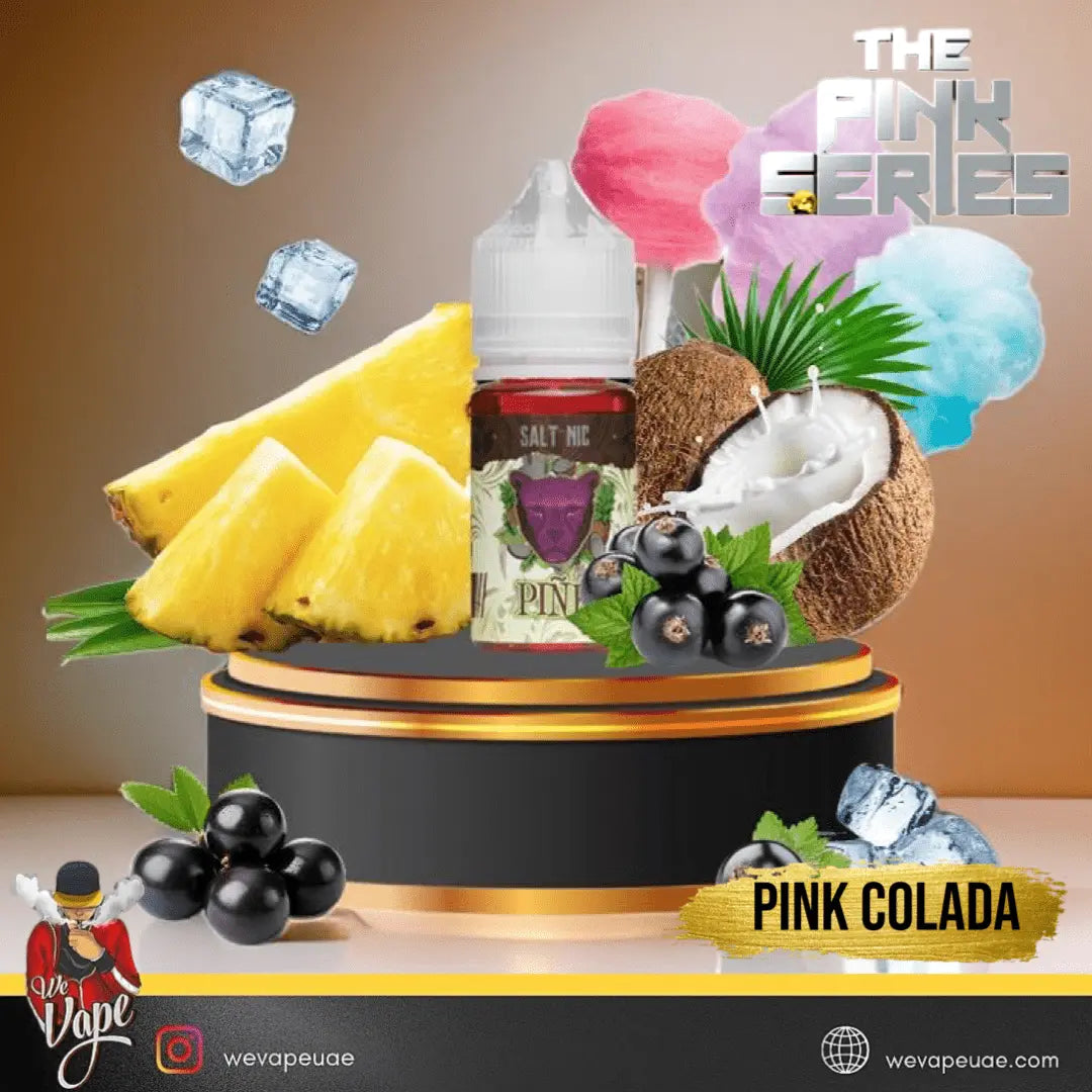 Pink Colada - The Pink Series saltnic - By Dr Vapes with fruits and ice display in brown backgrund