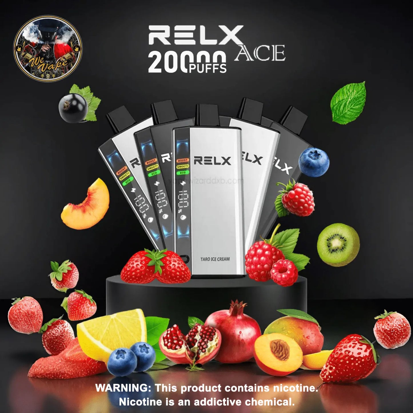RELX ACE 20000 Disposable Vape Pod – Dual Mode, 20000 Puffs - color silver and black with fruits on display and black background