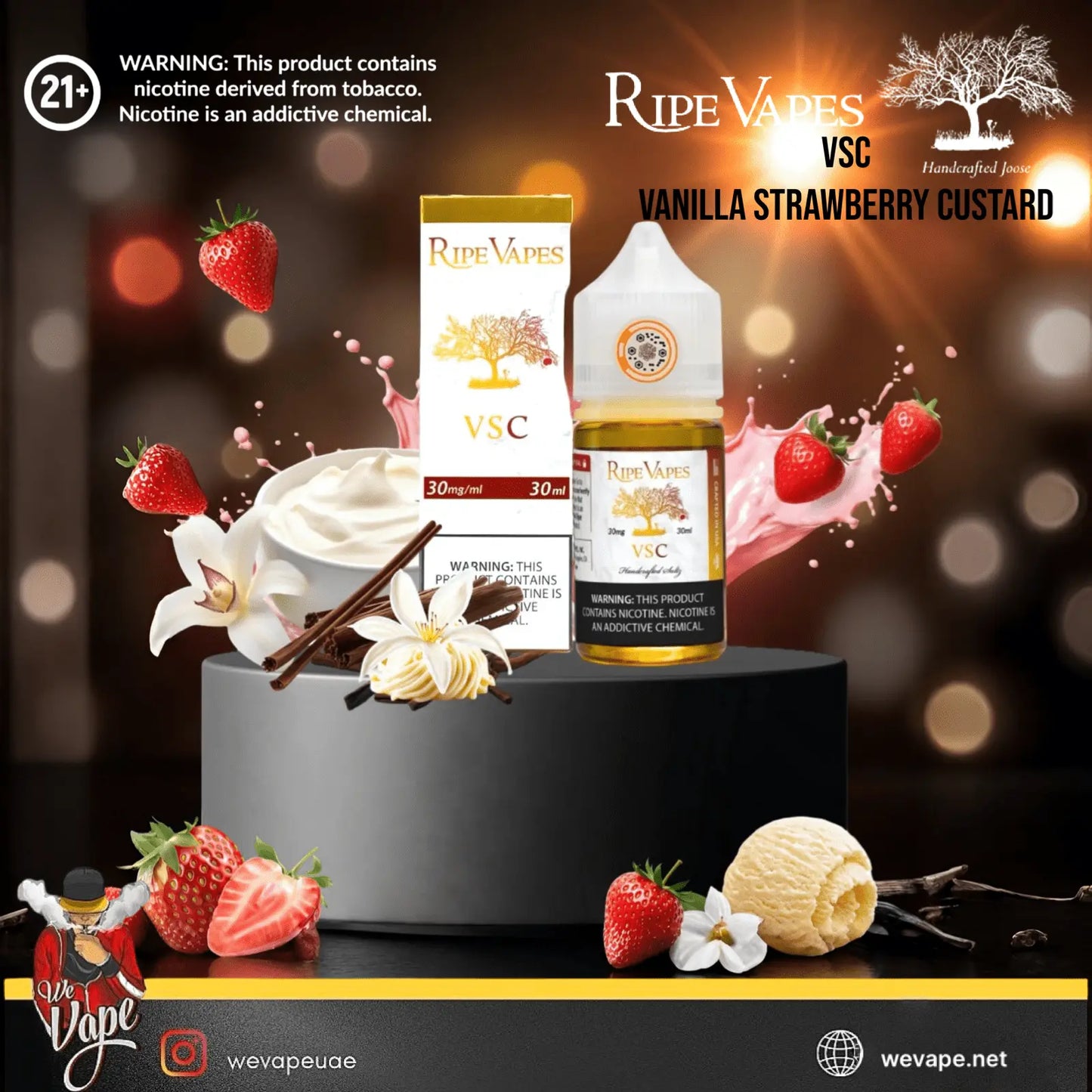 Ripe Vapes Vanilla Strawberry Custard vape juice packaging with strawberries, cream, and vanilla beans on a dark background.