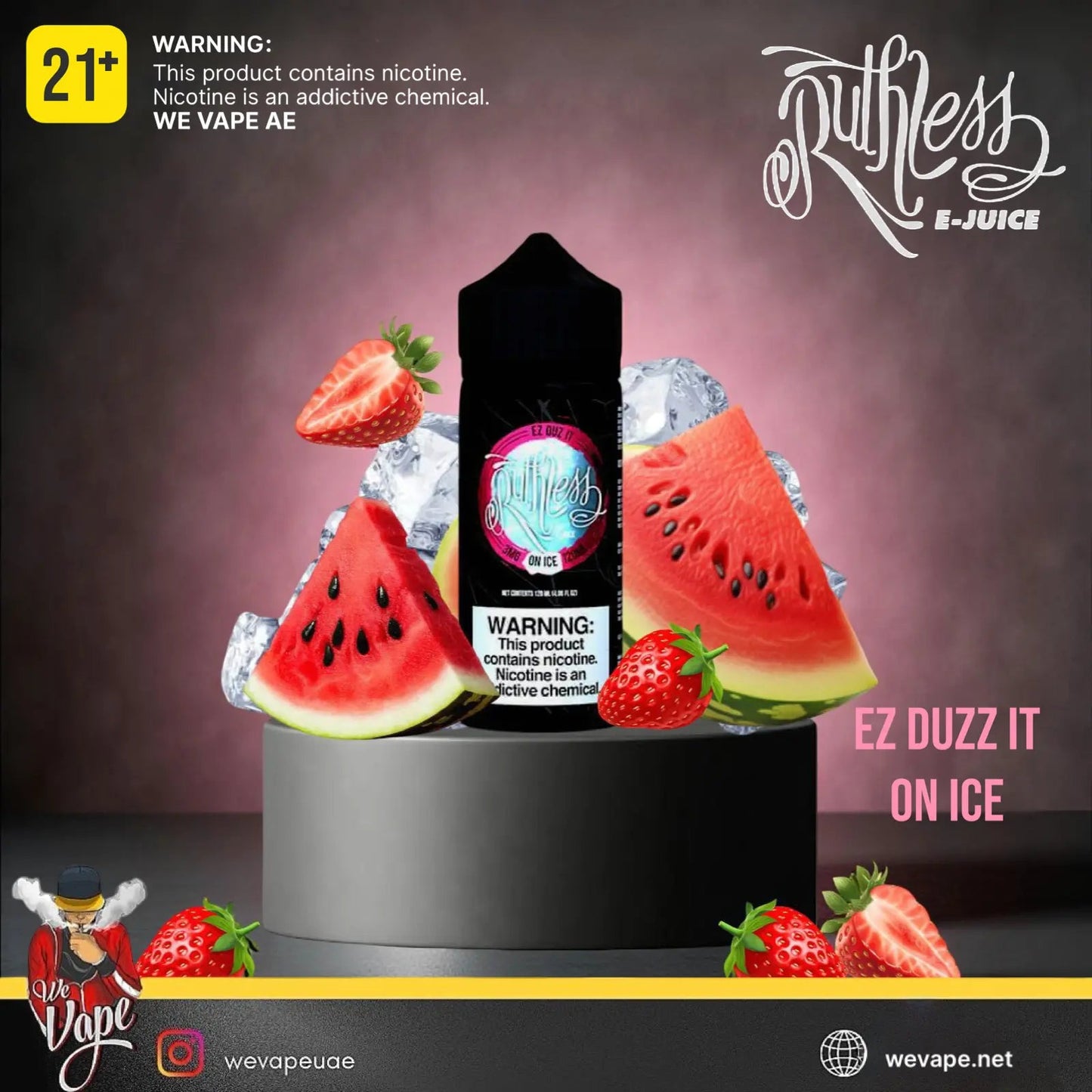 Ruthless E-Juice bottle with watermelon and strawberry slices on ice, featuring a 21+ nicotine warning label. Order Now and get FREE DELIVERY