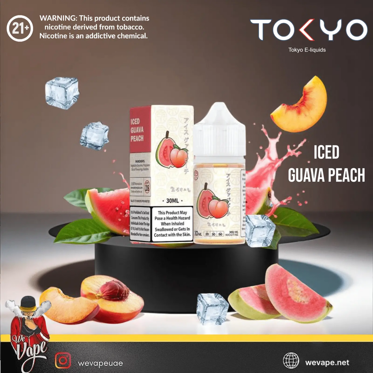 TOKYO e-liquid packaging for 'ICED GUAVA PEACH' with fruit graphics and branding elements.